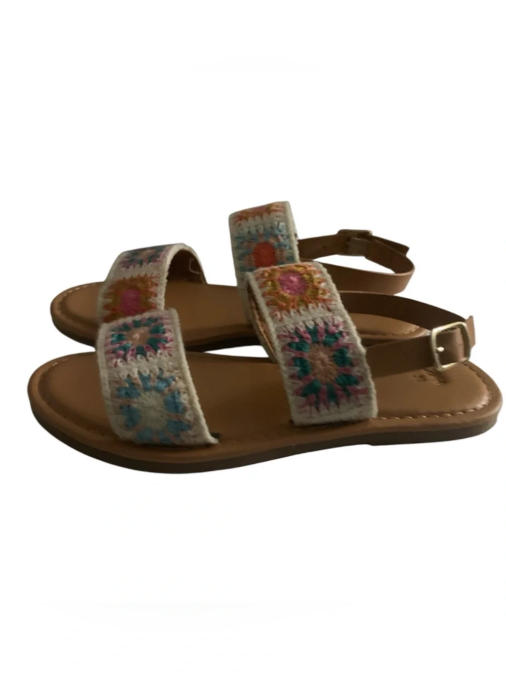 Zara Tan Leather Sandals with Multicolor Crochet Straps Girl 13